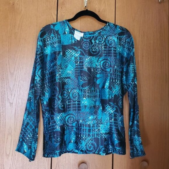 Tess Women's blouse buttons in back long sleeve Size 12 Aqua Blue& Black Beautif - Picture 5 of 10